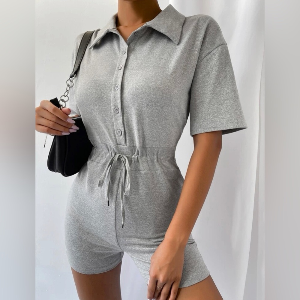Half Button Drawstring Waist Drop Shoulder jumpsuit